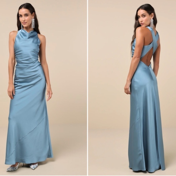 LULU's Prom Wedding Bridesmaid Elegant Romantic Satin Sexy Cowl Neck Maxi Dress - Picture 4 of 4